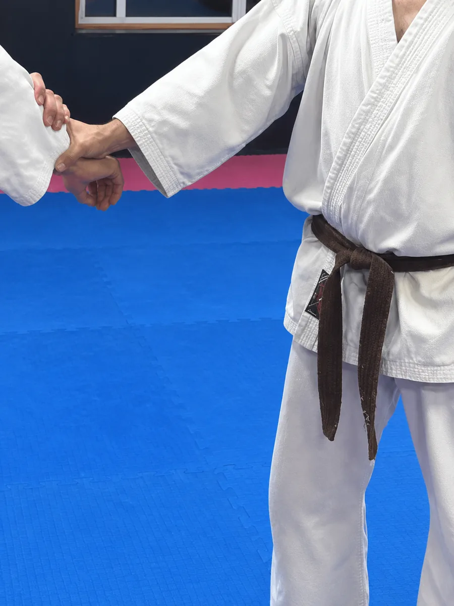 Dos karatekes al tatami del dojo: les mans, el karategi blanc i el cinturó