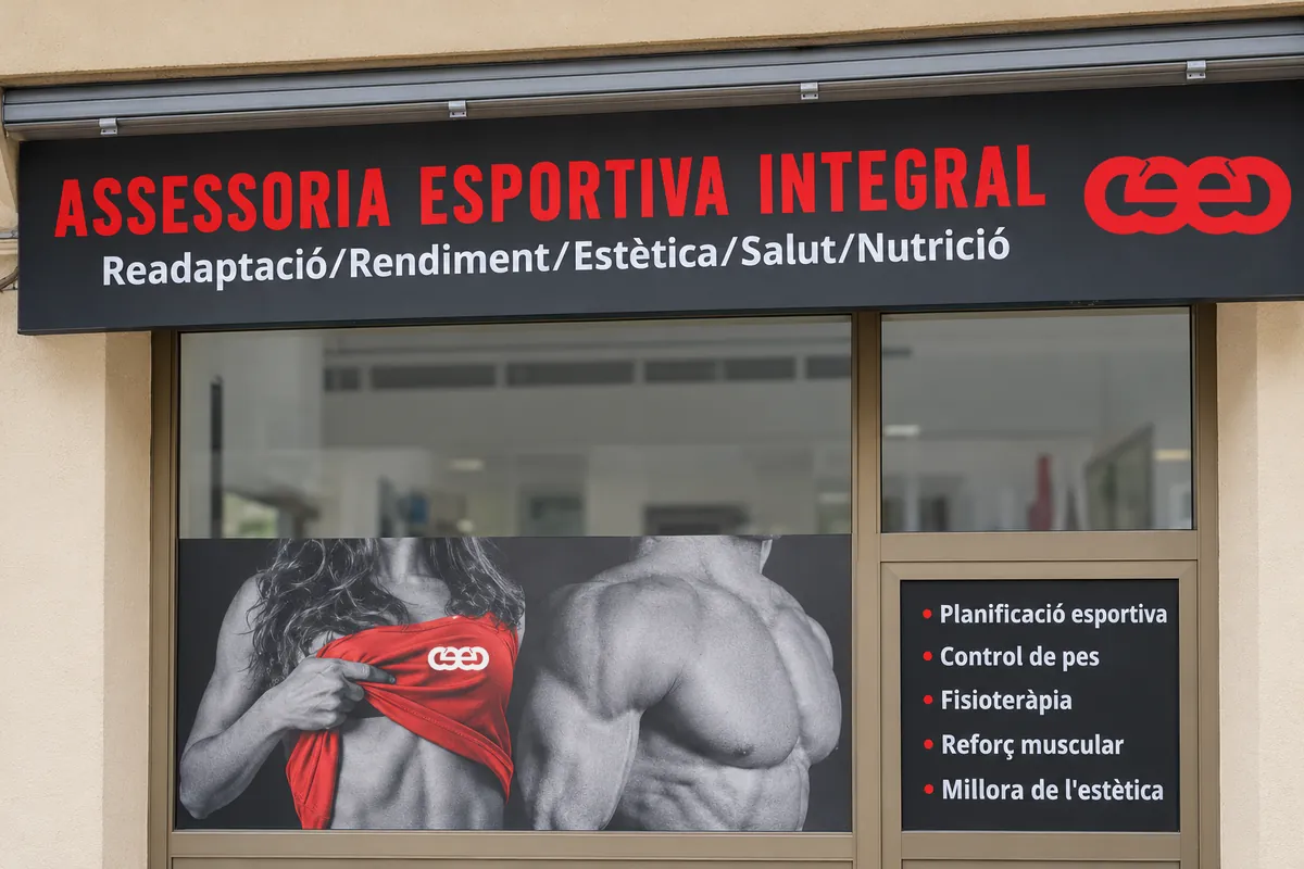 El rètol de l'Assessoria Esportiva Integral del CEEC i el seu aparador, amb els serveis a la porta