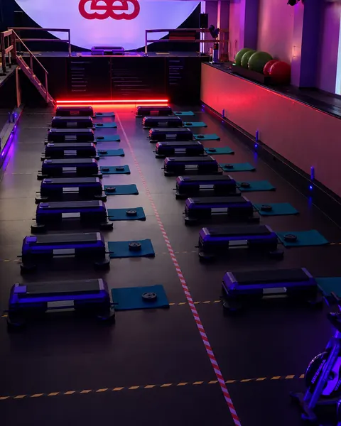 Els steps en files a la sala d'activitats, amb els llums blaus i el logo del CEEC al fons
