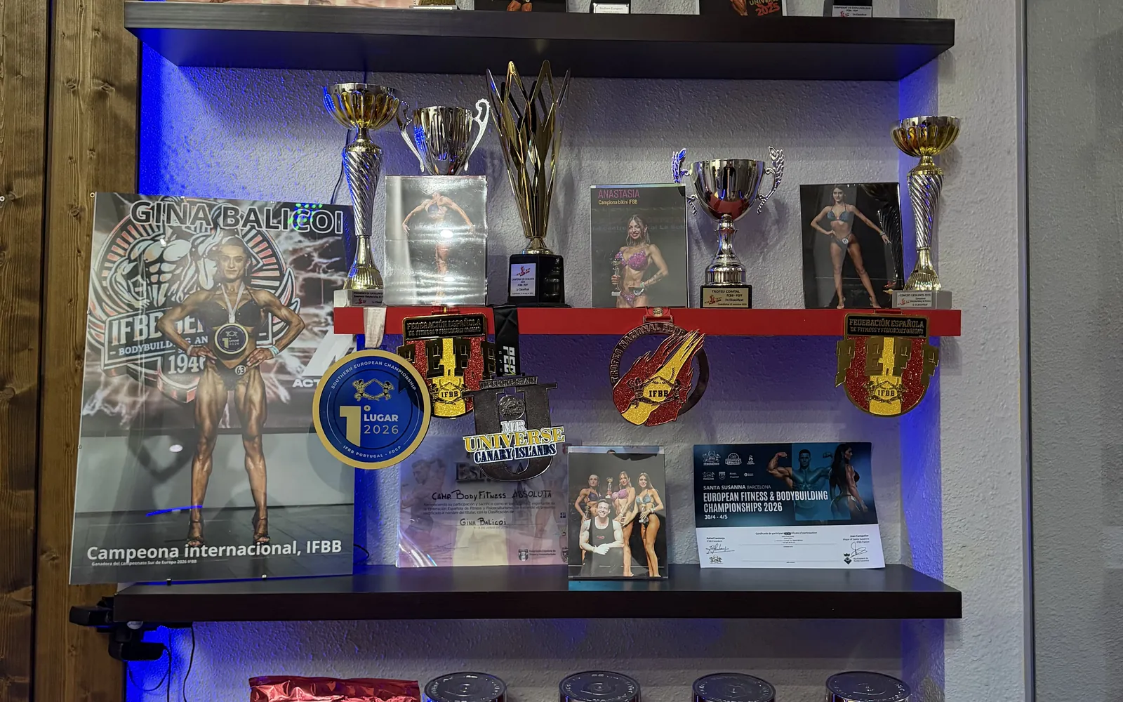 La vitrina dels trofeus: copes, medalles i el cartell de la Gina Balicoi, campiona internacional IFBB, amb llum blava